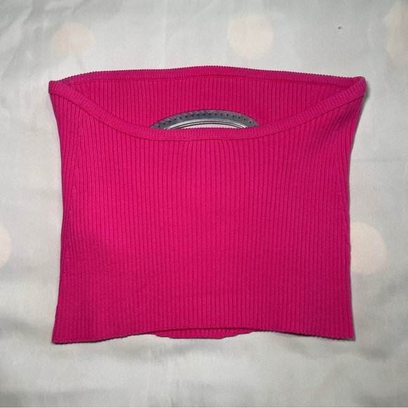Diesel- Bandeau Top With Oval D Plaque Hot Pink Size M Ribbed Edgy Streetwear - Picture 6 of 6